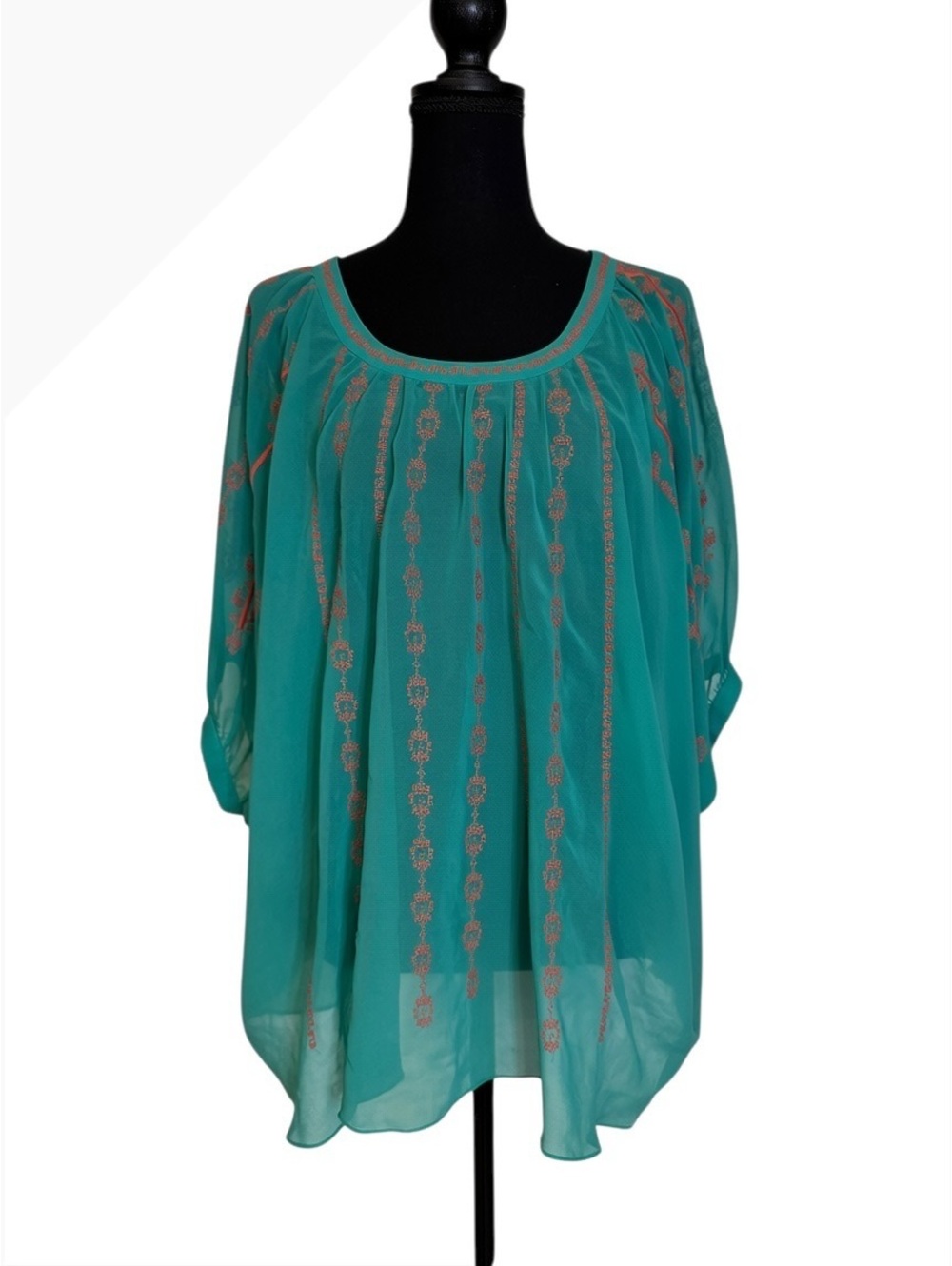 Ivy Jane Sheer Turquoise Blouse with Peach Embroidery